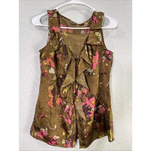 Eddie Bauer Silk Top Womens XS Brown Pink Floral Ruffle Sleeveless Y2K Babydoll - Picture 1 of 8